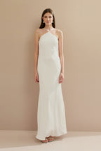 Vestido Midi Largo de Satén con Escote Triangular y Lazo en la Espalda - Capri Off White