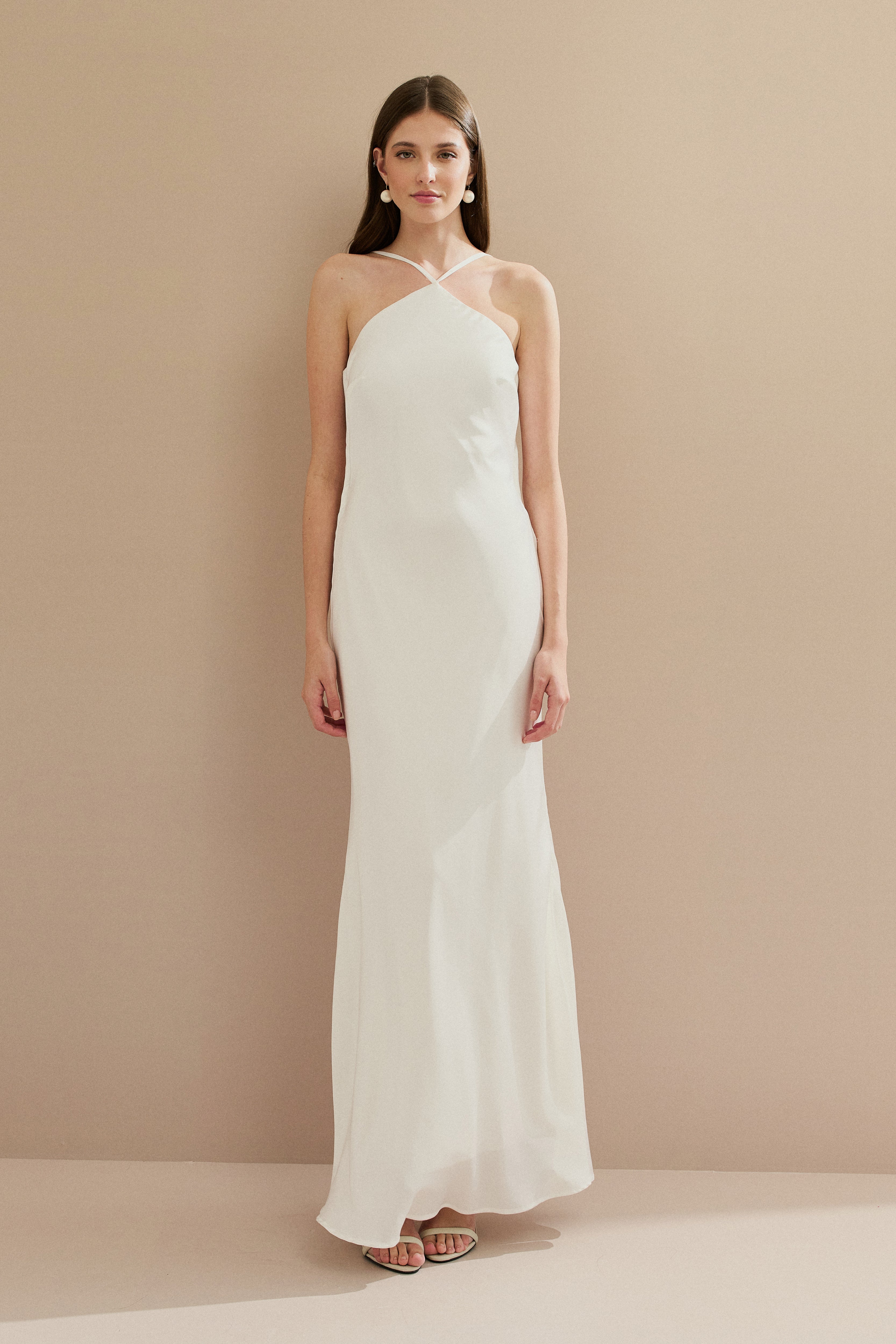 Vestido Midi Largo de Satén con Escote Triangular y Lazo en la Espalda - Capri Off White