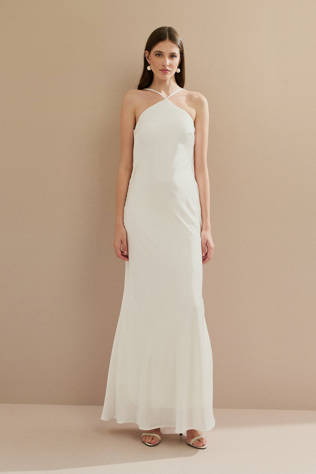 Vestido Midi Largo de Satén con Escote Triangular y Lazo en la Espalda - Capri Off White
