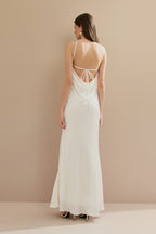 Vestido Midi Largo de Satén con Escote Triangular y Lazo en la Espalda - Capri Off White