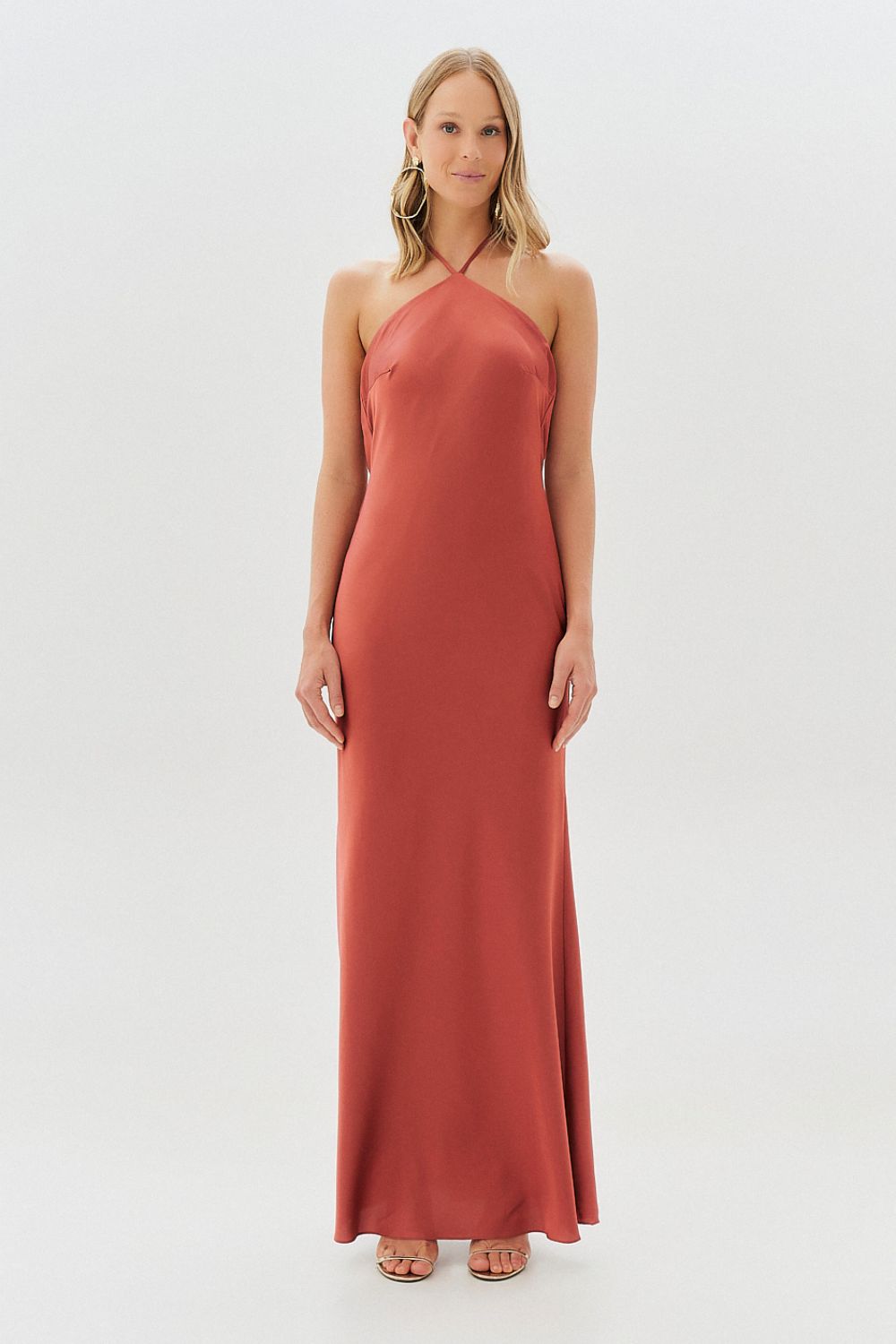 Vestido Midi Largo de Satén con Escote Triangular y Amarre en la Espalda - Capri Terracota
