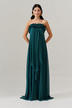 Vestido Largo Chiffon Sin Tirantes con Volantes en el Escote y Cola Delantera - Armenia Petróleo