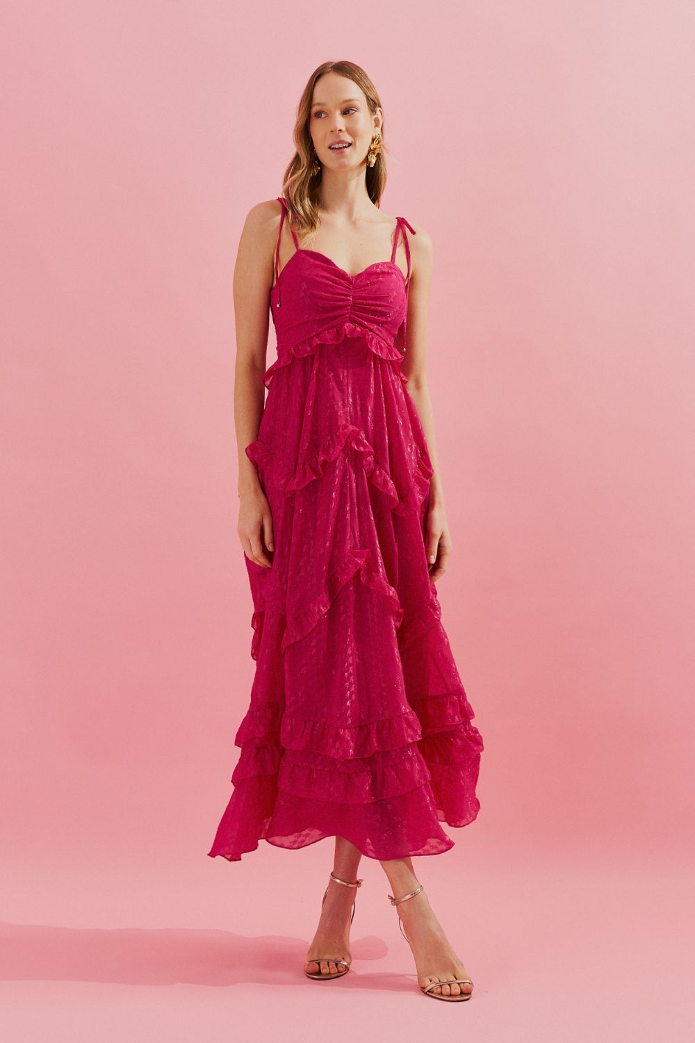Vestido Midi con Tirantes Finos y Volantes en la Falda - Holanda Rosa