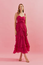 Vestido Midi con Tirantes Finos y Volantes en la Falda - Holanda Rosa