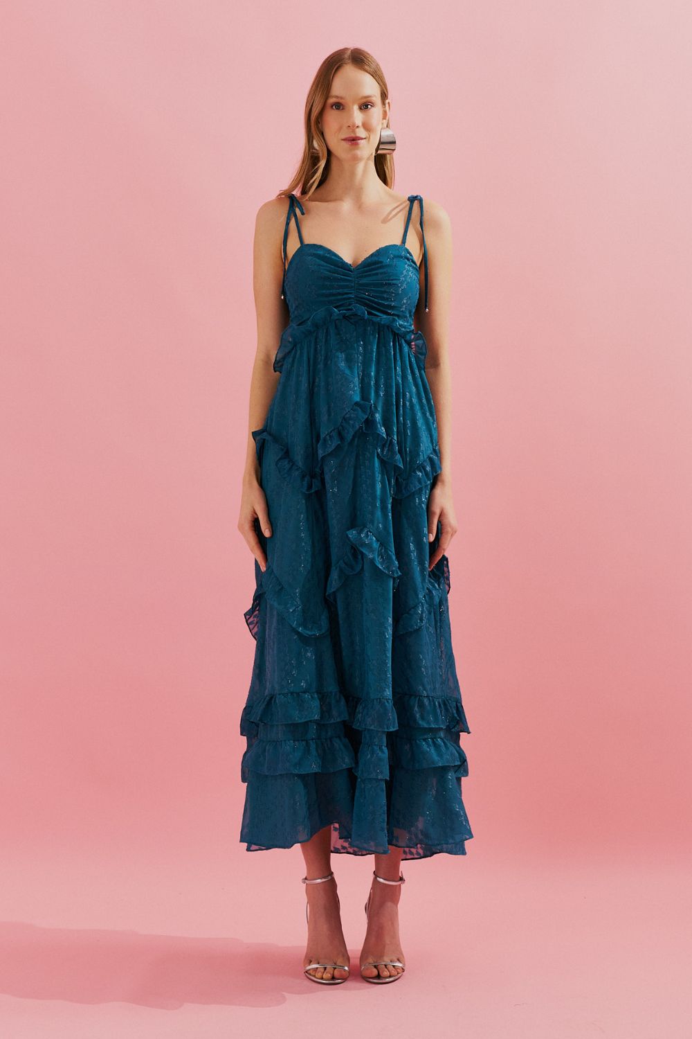 Vestido Midi con Tirantes Finos y Volantes en la Falda - Verde Petróleo
