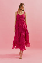 Vestido Midi con Tirantes Finos y Volantes en la Falda - Holanda Rosa