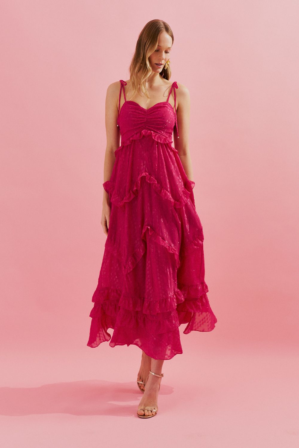 Vestido Midi con Tirantes Finos y Volantes en la Falda - Holanda Rosa