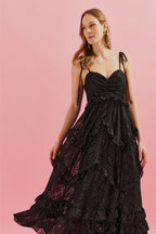 Vestido Midi con Tirantes Finos y Volantes en la Falda - Holanda Negro