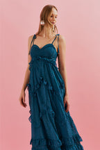 Vestido Midi con Tirantes Finos y Volantes en la Falda - Verde Petróleo