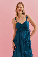 Vestido Midi con Tirantes Finos y Volantes en la Falda - Verde Petróleo