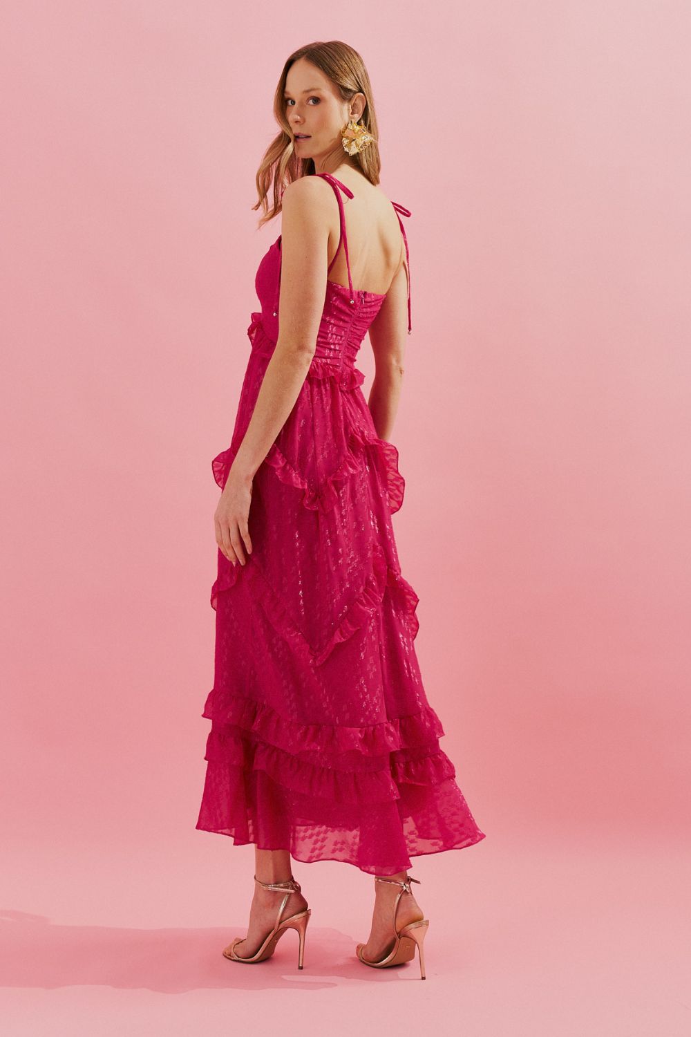 Vestido Midi con Tirantes Finos y Volantes en la Falda - Holanda Rosa