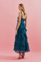 Vestido Midi con Tirantes Finos y Volantes en la Falda - Verde Petróleo