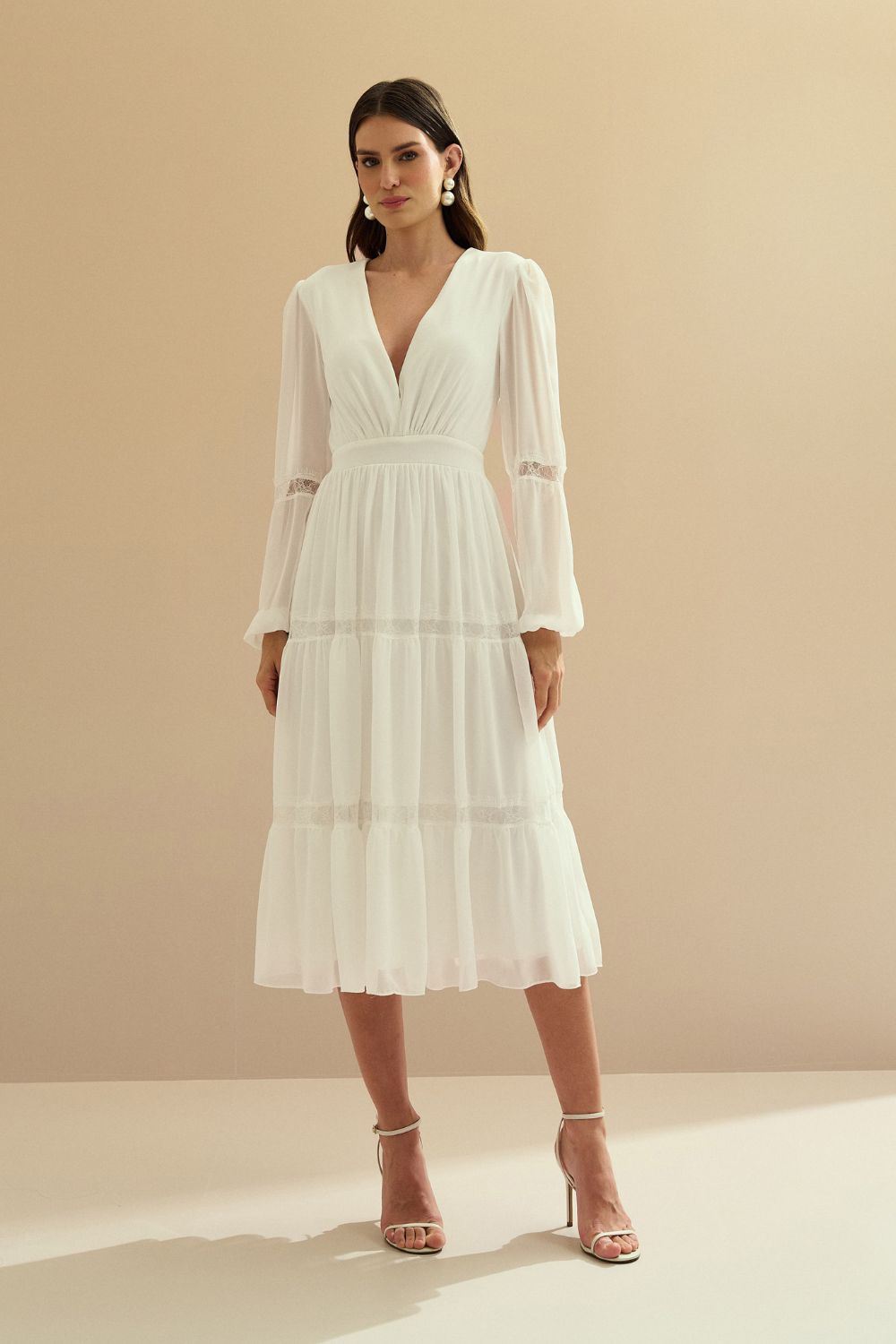 Vestido Midi con Escote en V y Manga Larga - Manu Off White