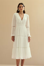 Vestido Midi con Escote en V y Manga Larga - Manu Off White