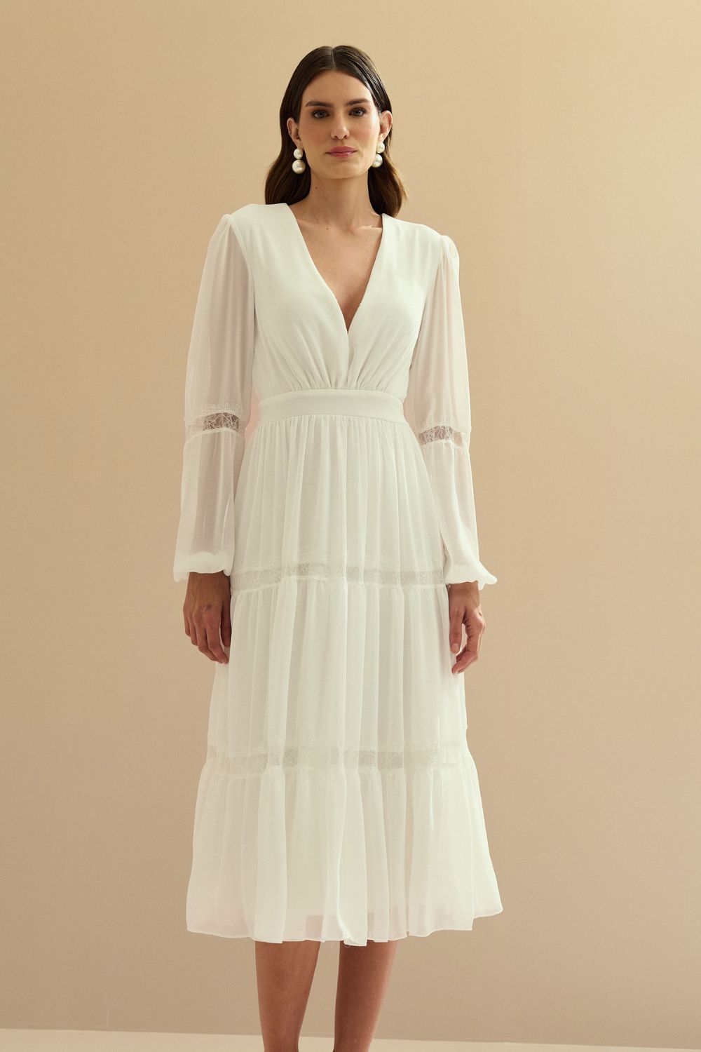 Vestido Midi con Escote en V y Manga Larga - Manu Off White