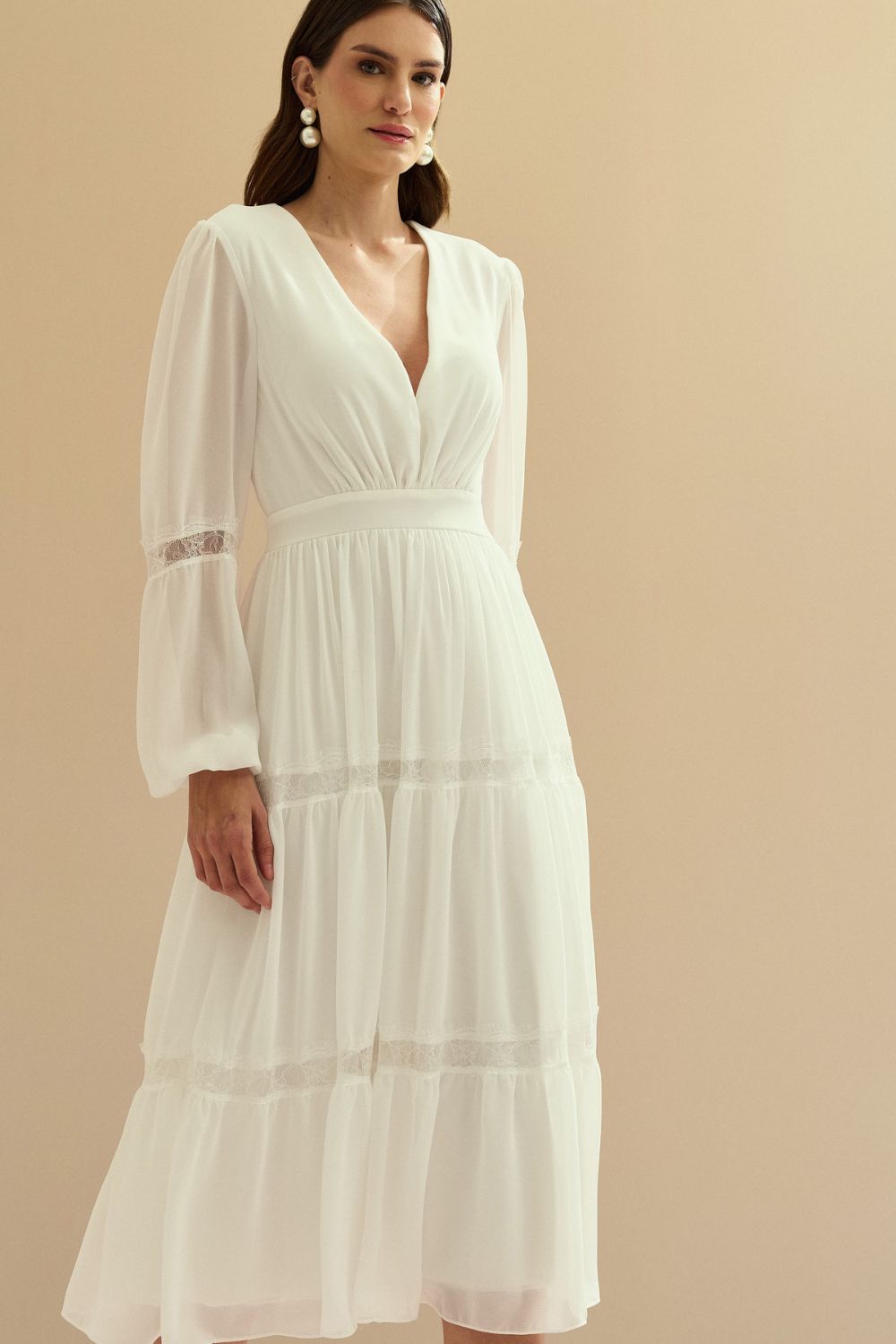 Vestido Midi con Escote en V y Manga Larga - Manu Off White