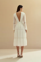 Vestido Midi con Escote en V y Manga Larga - Manu Off White