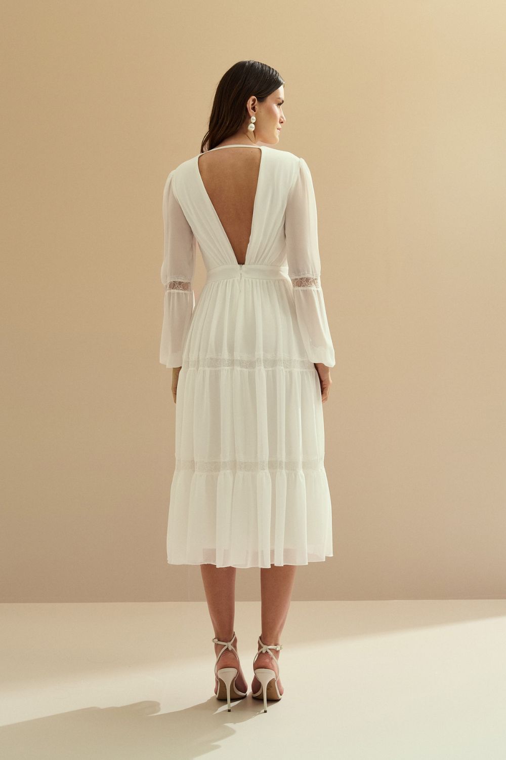 Vestido Midi con Escote en V y Manga Larga - Manu Off White