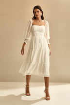 Vestido Midi con Detalle en Encaje Guipir - Aiko Off White