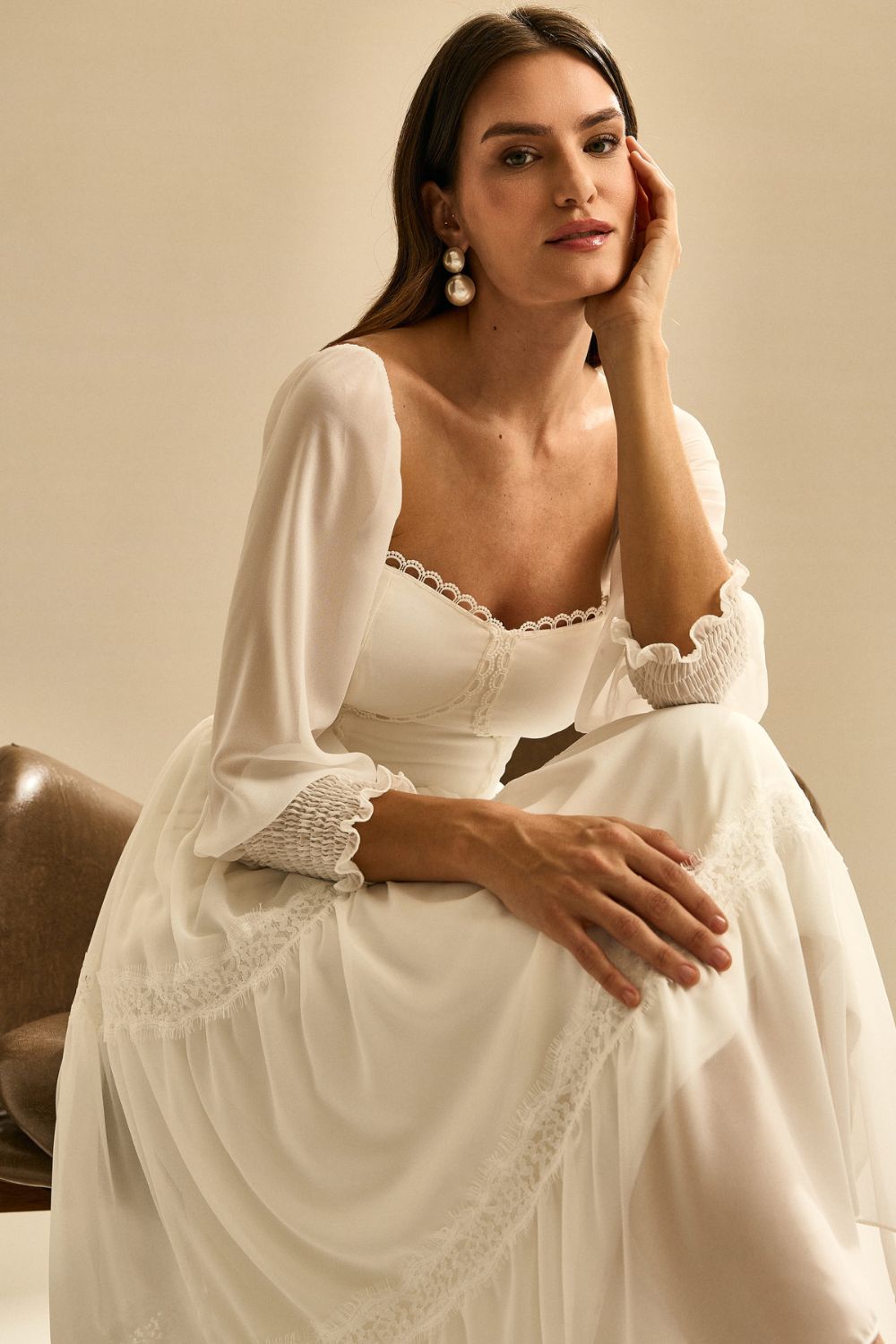 Vestido Midi con Detalle en Encaje Guipir - Aiko Off White