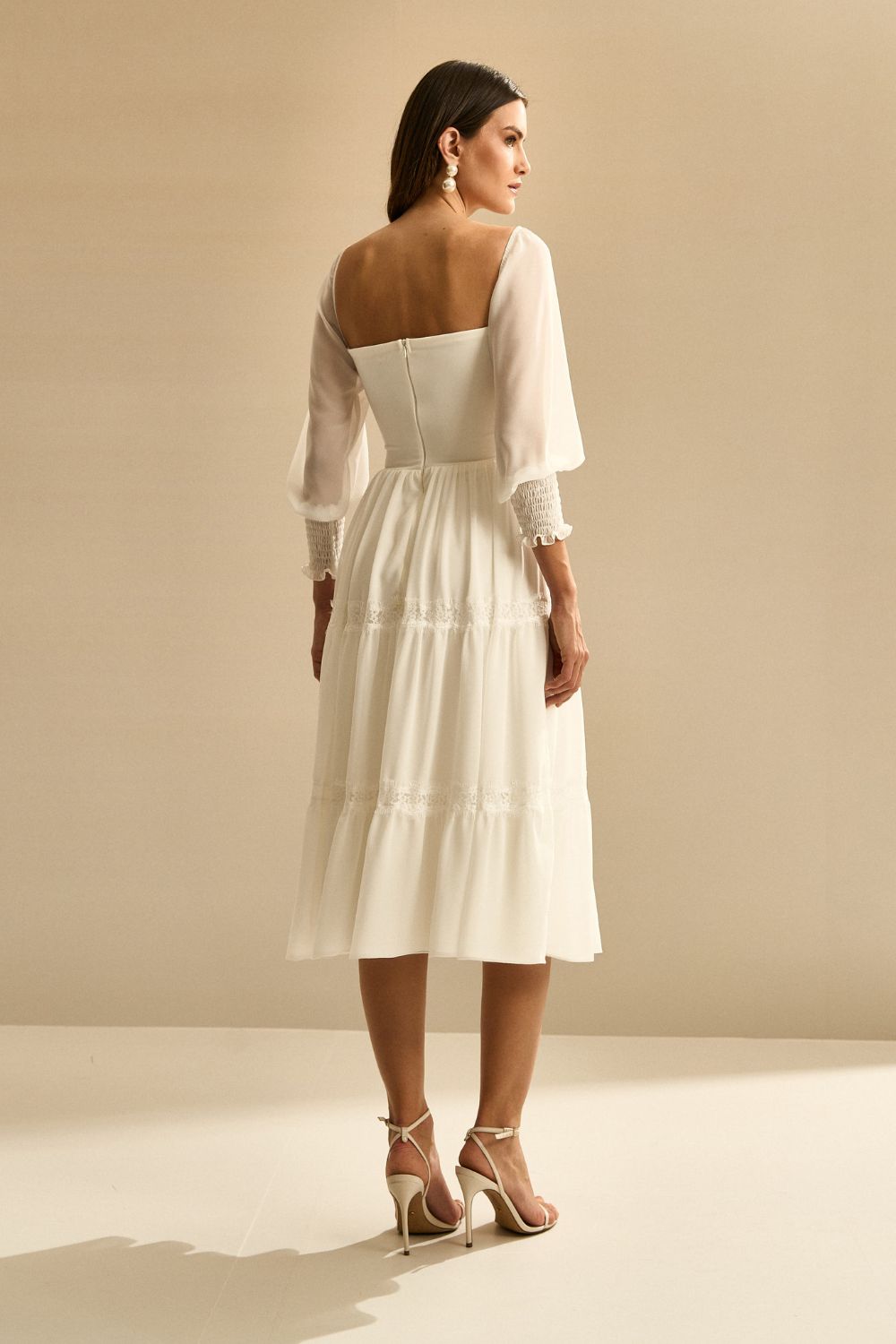 Vestido Midi con Detalle en Encaje Guipir - Aiko Off White