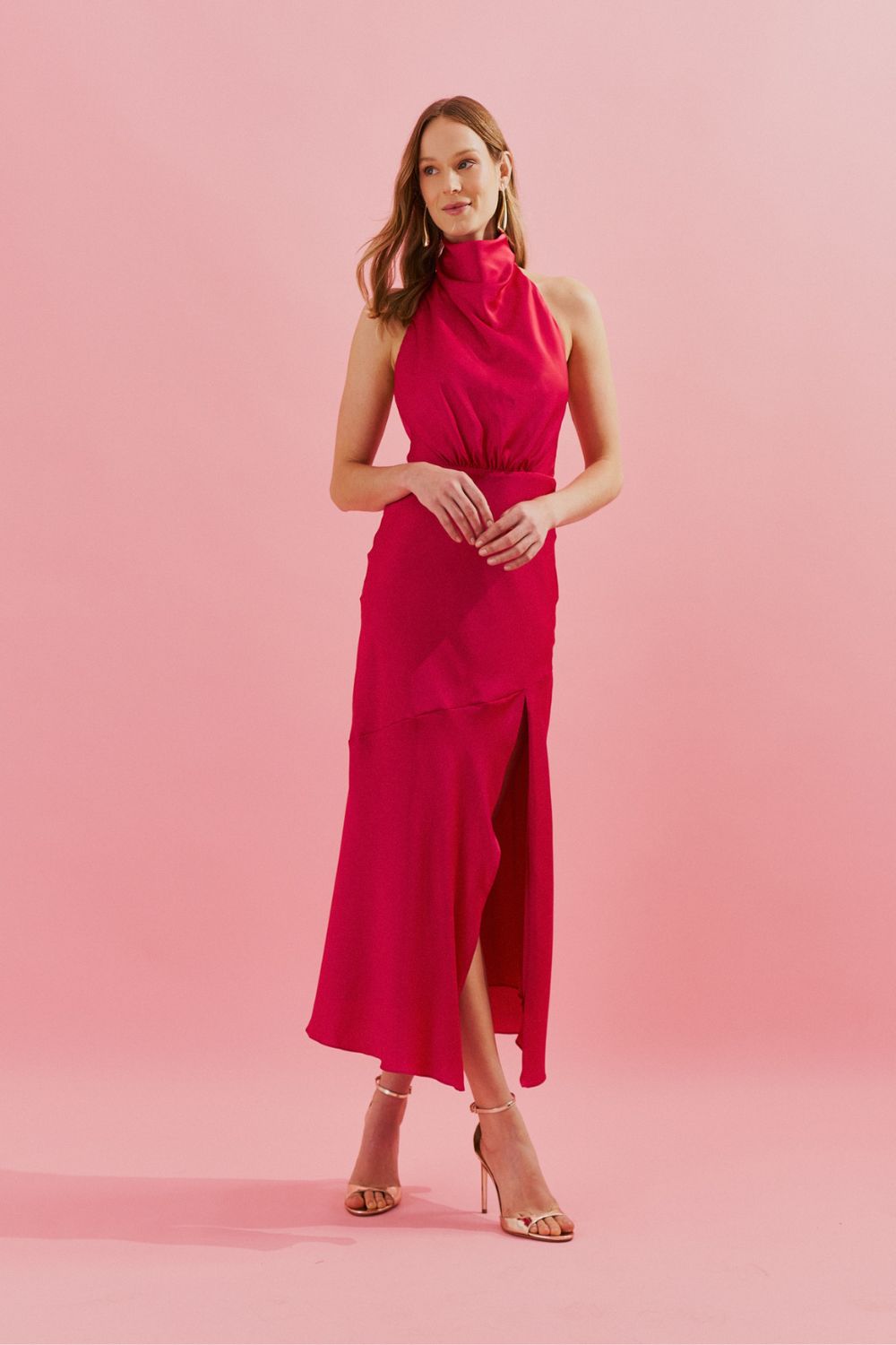 Vestido Midi con Escote Despejado y Abertura Frontal - Estela Rojo