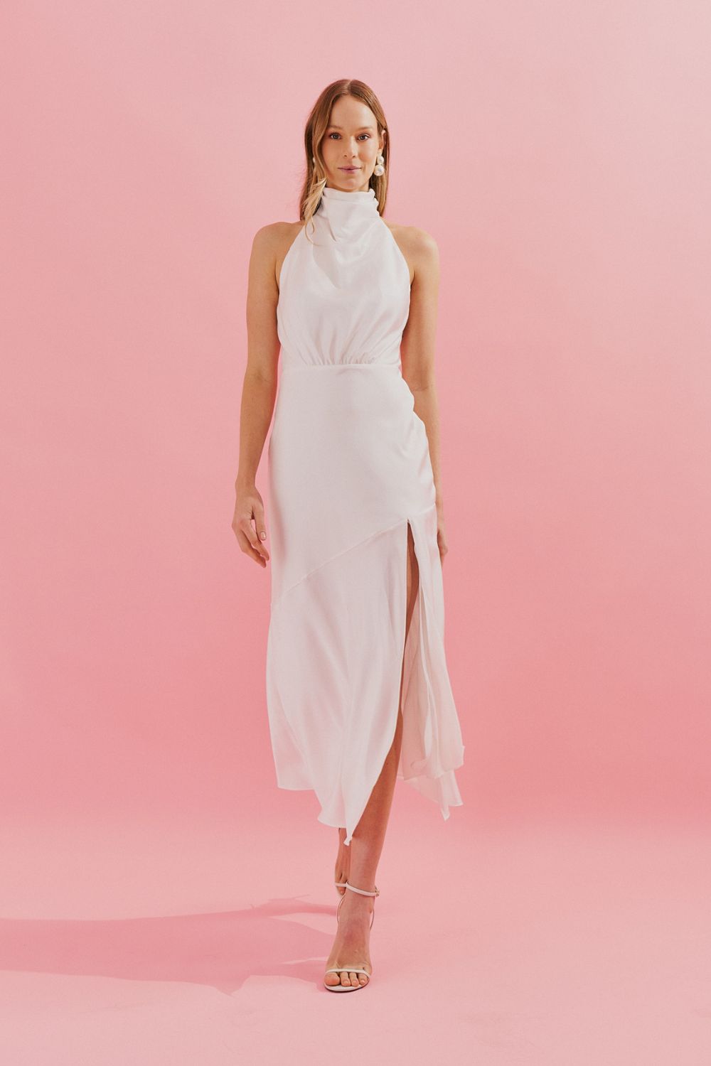 Vestido Midi con Cuello Degagé y Abertura Frontal - Estela Off White
