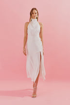 Vestido Midi con Cuello Degagé y Abertura Frontal - Estela Off White