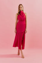 Vestido Midi con Cuello Degagé y Abertura Frontal - Estela Rojo