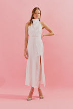 Vestido Midi con Cuello Degagé y Abertura Frontal - Estela Off White
