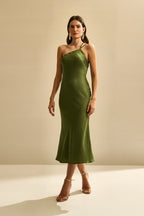 Vestido Midi de Satén con Escote Triangular Lateral y Amarre en la Espalda - Gana Oliva