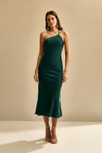 Vestido Midi de Satén con Escote Triangular Lateral y Amarre en la Espalda - Verde Bandera