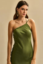 Vestido Midi de Satén con Escote Triangular Lateral y Amarre en la Espalda - Gana Oliva