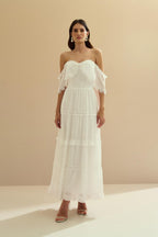 Vestido Midi de Chiffon con Detalles en Encaje Chantilly - Marfil Off White