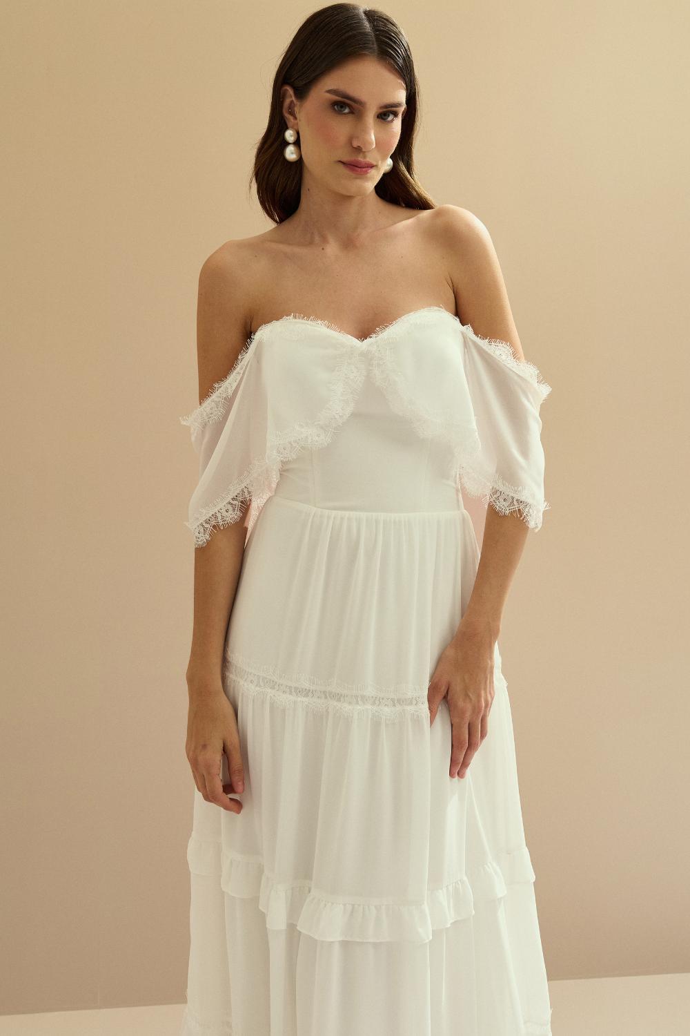 Vestido Midi de Chiffon con Detalles en Encaje Chantilly - Marfil Off White
