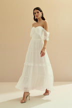 Vestido Midi de Chiffon con Detalles en Encaje Chantilly - Marfil Off White