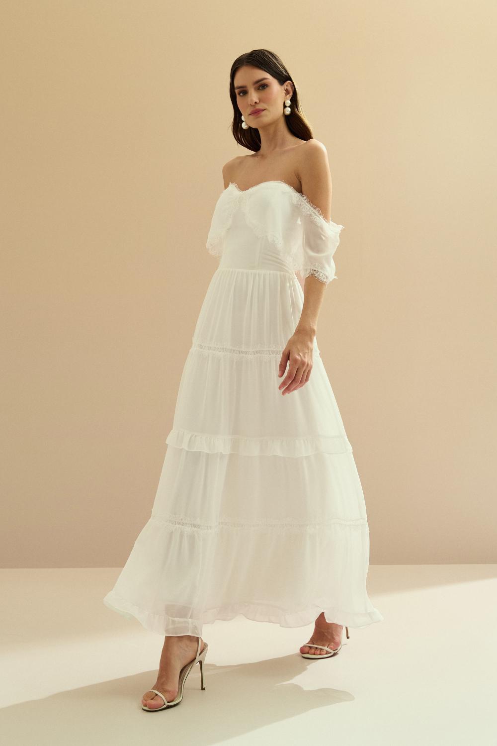 Vestido Midi de Chiffon con Detalles en Encaje Chantilly - Marfil Off White