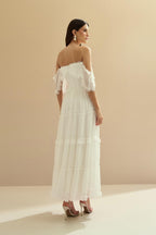 Vestido Midi de Chiffon con Detalles en Encaje Chantilly - Marfil Off White