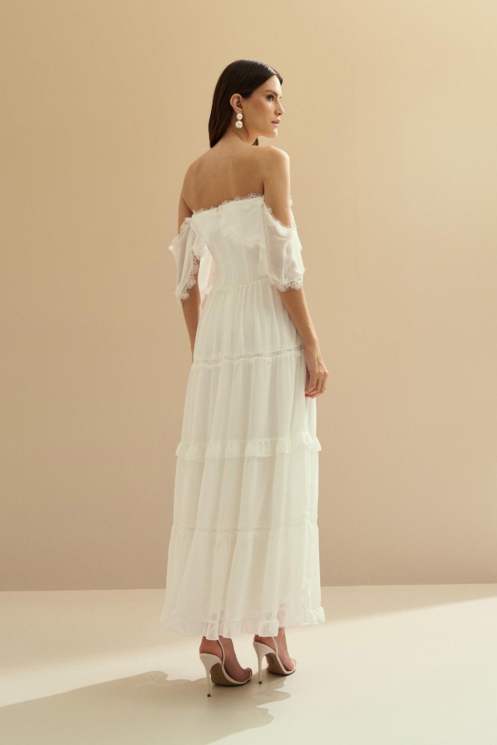 Vestido Midi de Chiffon con Detalles en Encaje Chantilly - Marfil Off White
